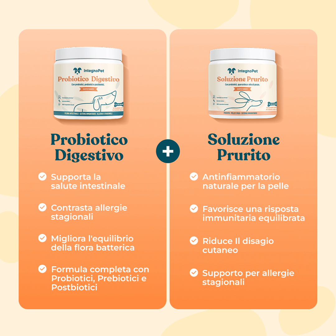 kit probiotico digestivo + soluzione prurito integropet - benefici