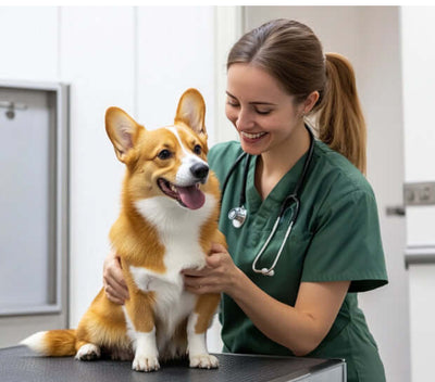 veterinaria che controlla un corgie